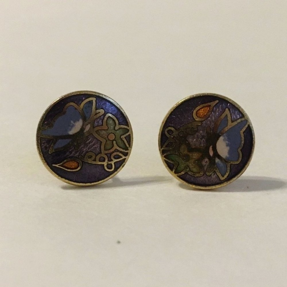 Cloisonne Butterfly Post Earrings Round Blue Green Purple Gold Metal Pierced
